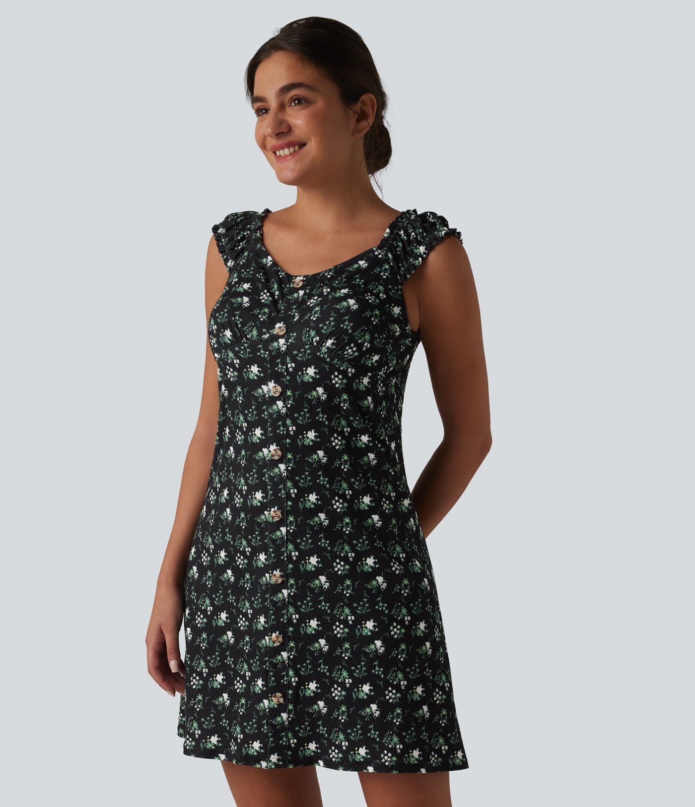 Robe trapèze mini col U sans manches à volants imprimé floral avec soutien-gorge intégré