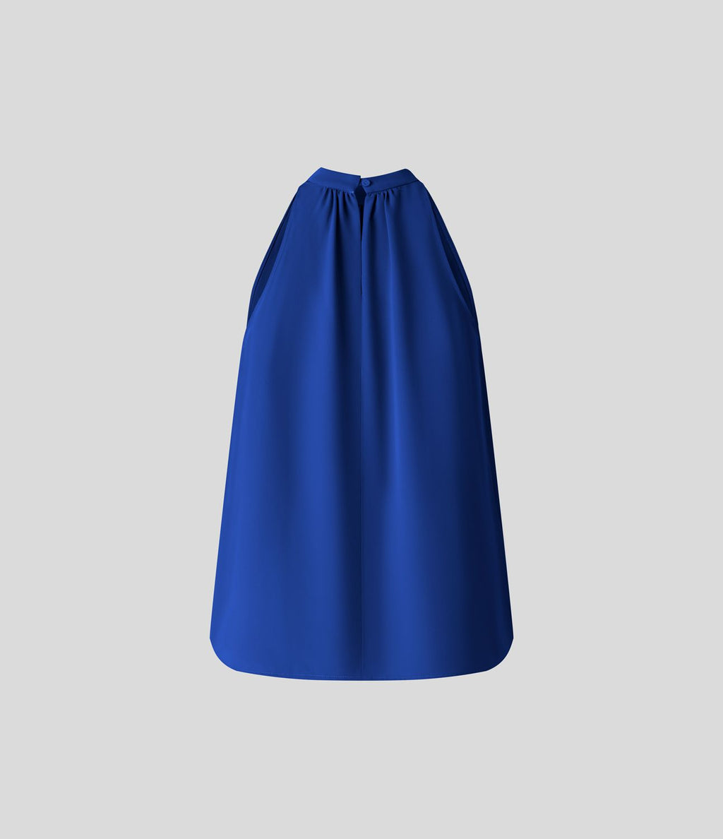 Blouse Travail Sans Manches Ourlet Courbé Col Haut Découpe au Dos Plis