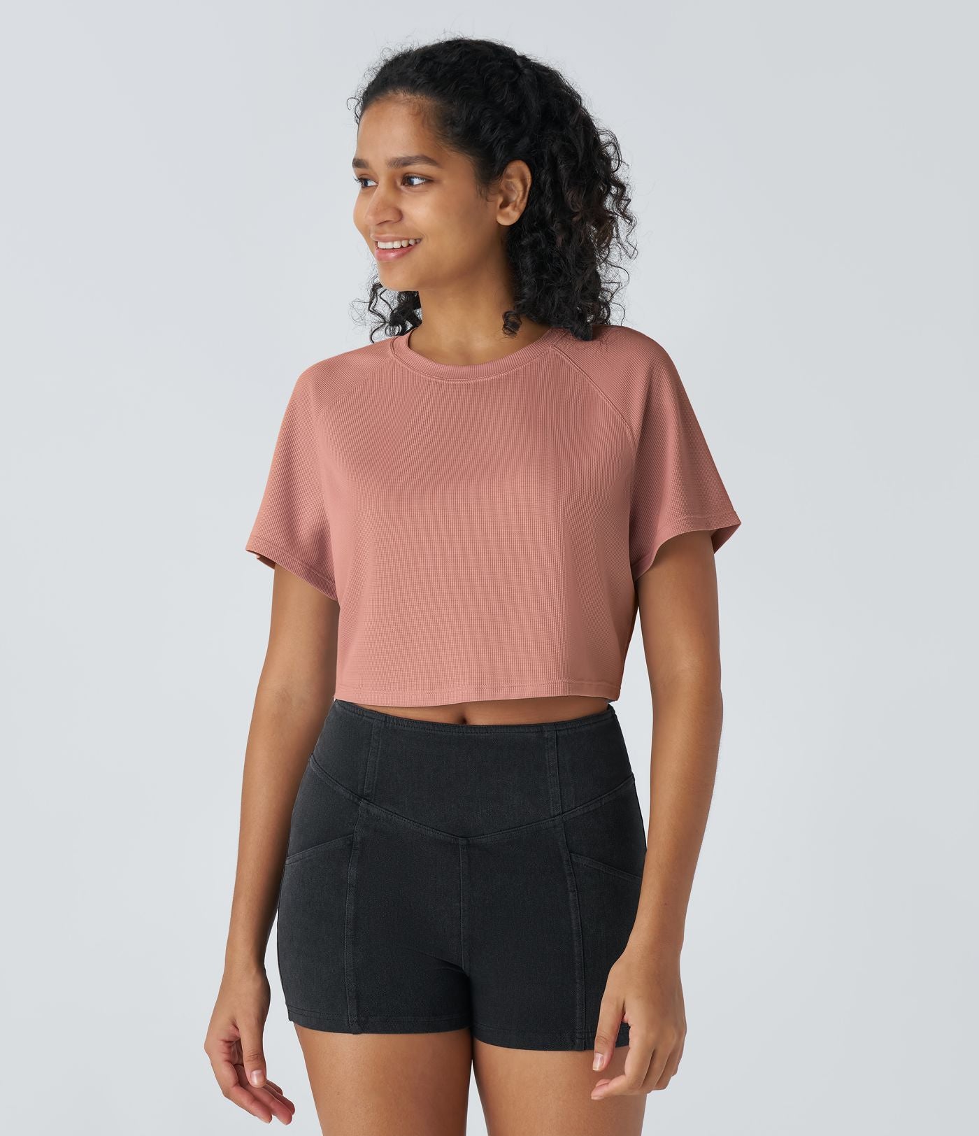 T-shirt Casual Court Tissu Gaufré Uni à Manches Raglan