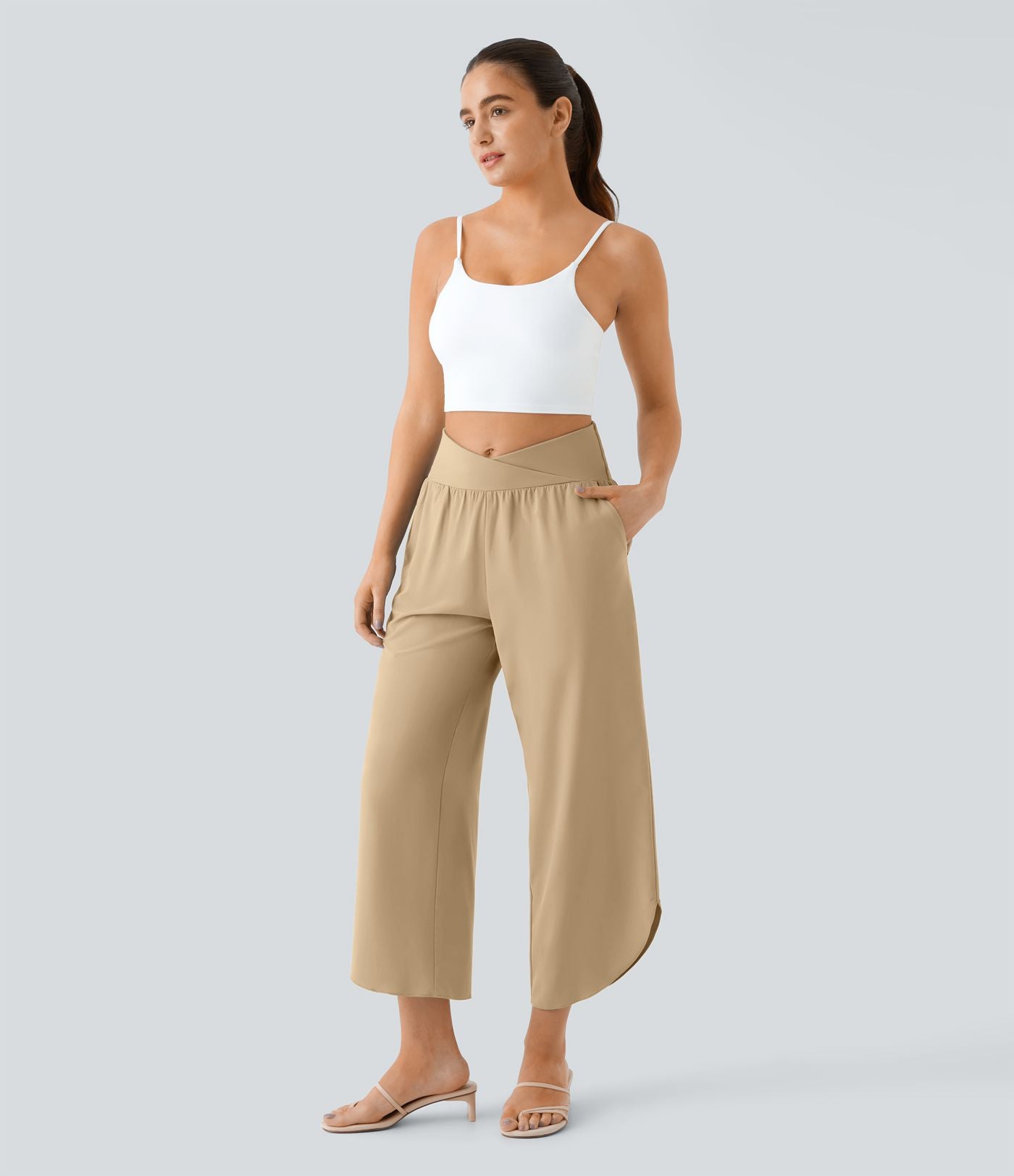 Breezeful™ Pantalon Fluide Vacances Séchage Rapide Taille Haute Croisée Poches Latérales Plissées Fente