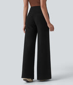 Pantalon casual bootcut gainant taille haute à cordon de serrage en maille côtelée avec poches