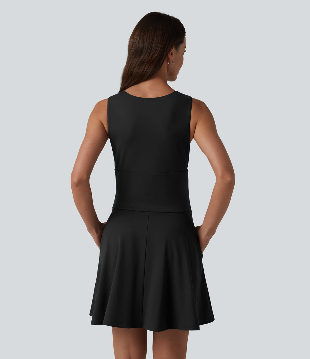 Robe mini évasée décontractée sans manches col bateau avec poches