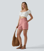 Short resort 12,5 cm taille haute effet lin avec ourlet roulotté et poches