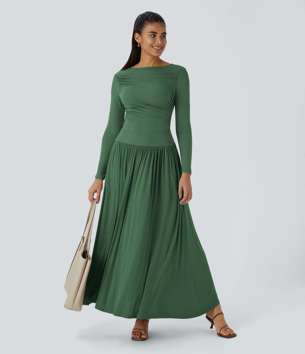 Robe Casual Maxi Fluide Encolure Bateau en Côtes avec Poches Latérales et Froncée