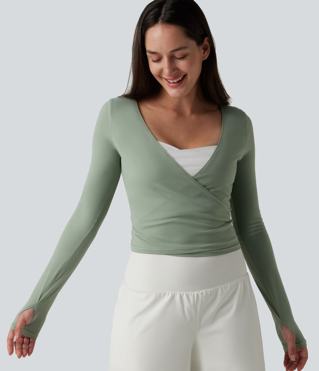 Haut casual SoftlyZero™ cache-cœur à manches longues avec passe-pouces, protection solaire UPF 50+
