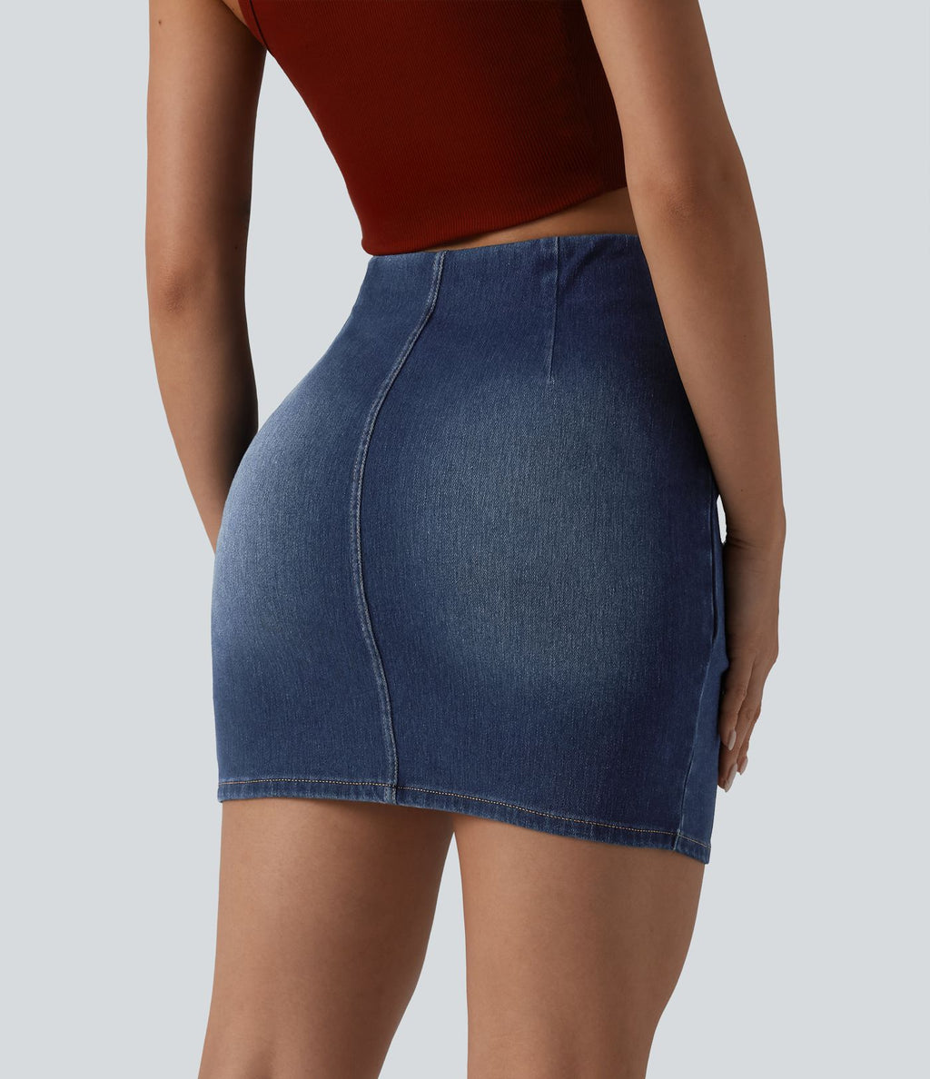 Jupe mini moulante décontractée Halara Flex™ en denim taille haute froncée ourlet croisé