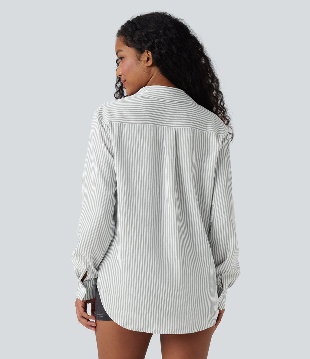 Chemise décontractée manches longues à rayures ourlet arrondi