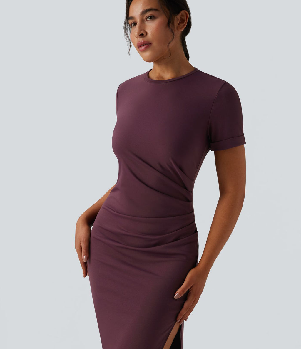 Robe midi décontractée col rond manches courtes