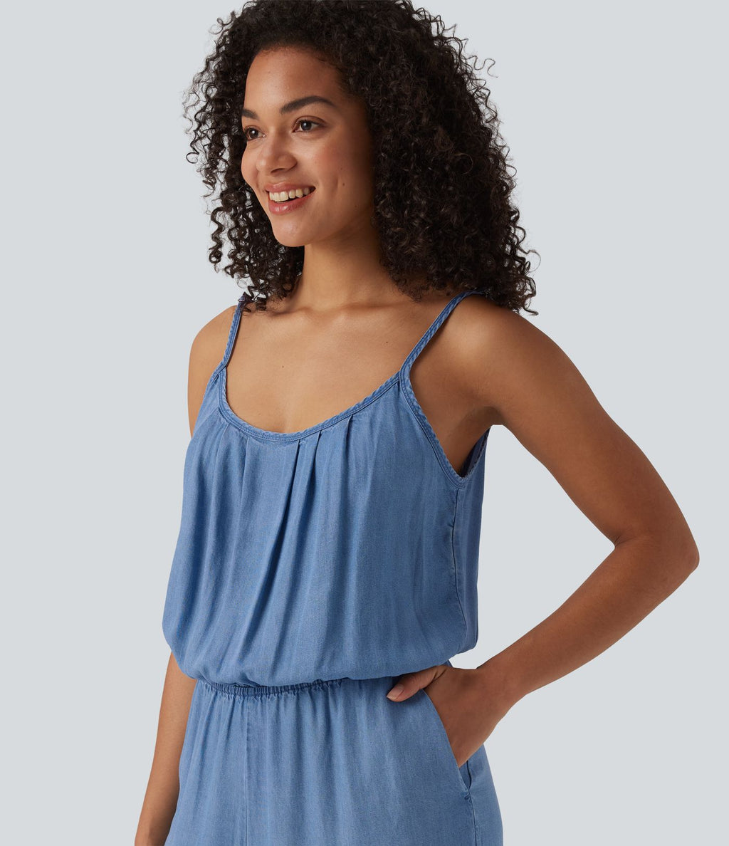 Combinaison en jean casual en lyocell à jambes larges avec poches, style enfilable