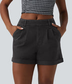 Halara Flex™ Short casual en denim taille mi-haute à ourlet retroussé avec poches