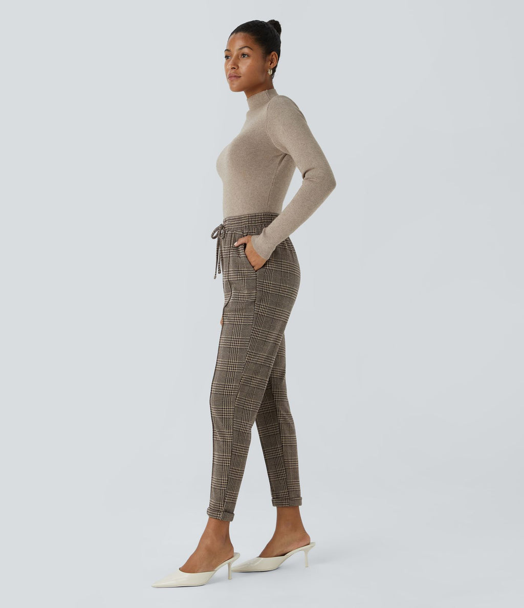 Halara Flex™ Pantalon Tailleur taille mi-haute à motif pied-de-poule avec cordon de serrage et poches latérales