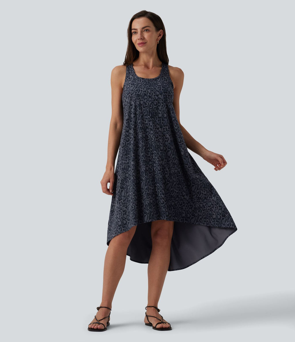 Robe mi-longue fluide station balnéaire dos nageur sans manches asymétrique imprimé léopard avec poches