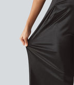 Pantalon habillé large taille haute en satin avec poches