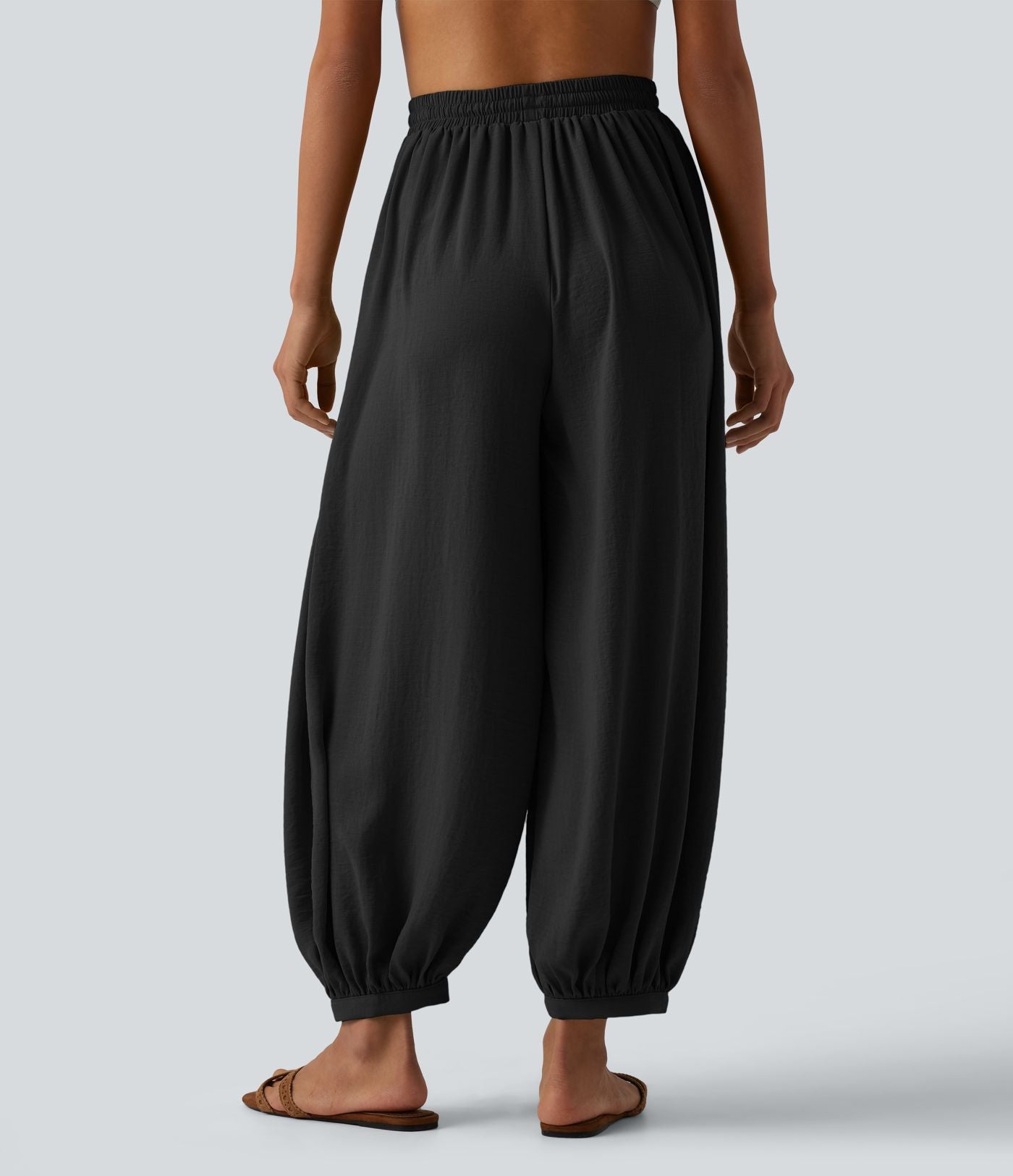 Pantalon ballon fluide resort taille haute effet lin avec cordon de serrage et poches