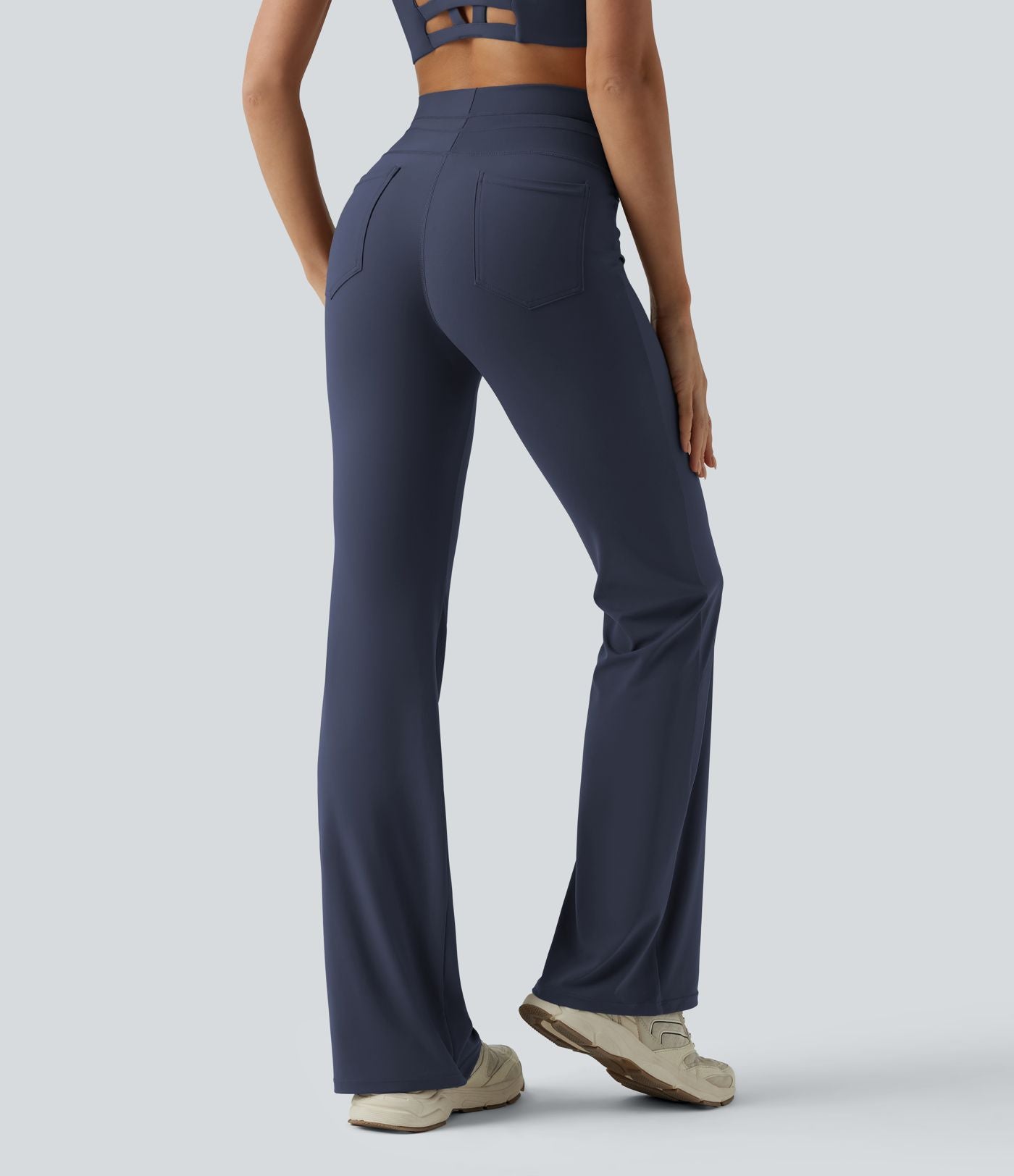Pantalon de yoga évasé taille haute avec cordon de serrage uni et poches