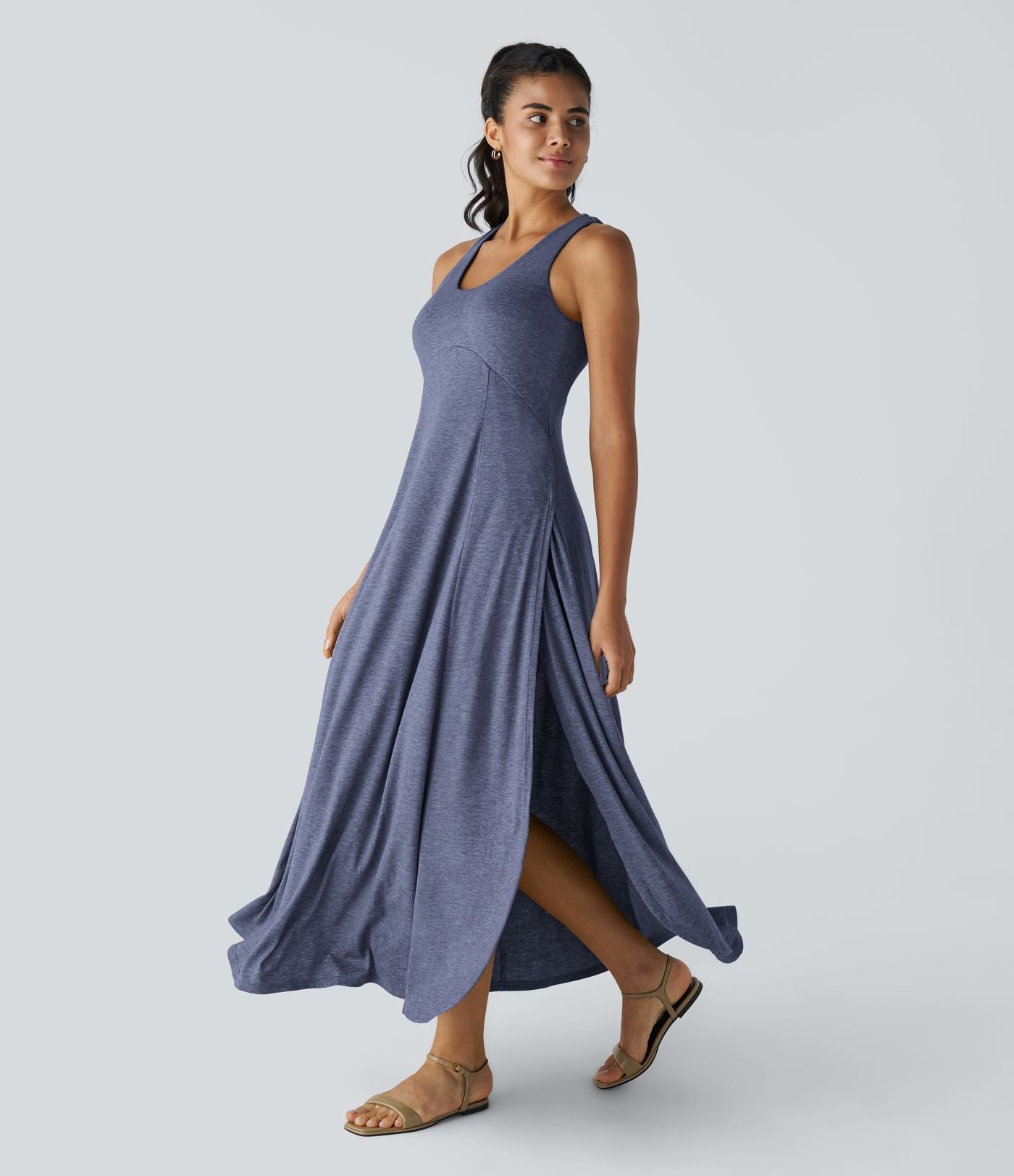 Robe Casual Débardeur Longue Fluide Fendue Dos Nu à Col en U