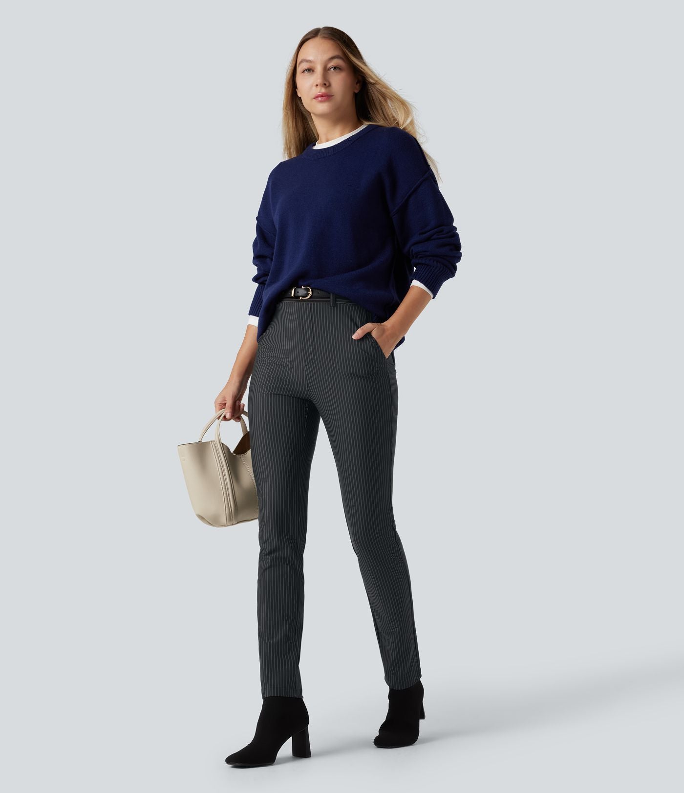 Pantalon de travail Halara Flex™ skinny à rayures, taille haute, avec poches