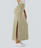 Jupe Casual Maxi à Taille Haute et Ourlet Fendu en A-Line en Côtes