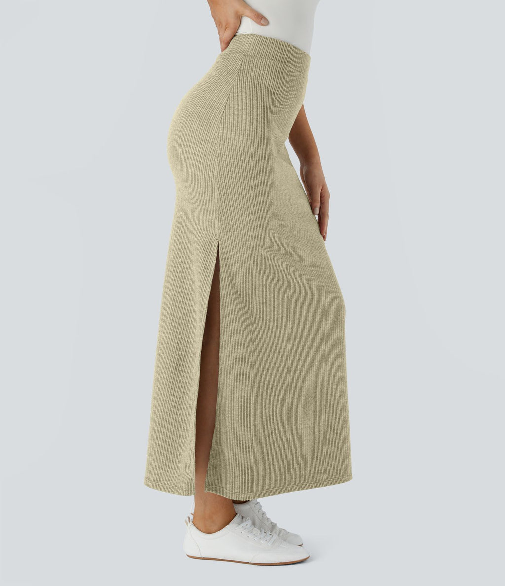 Jupe Casual Maxi à Taille Haute et Ourlet Fendu en A-Line en Côtes