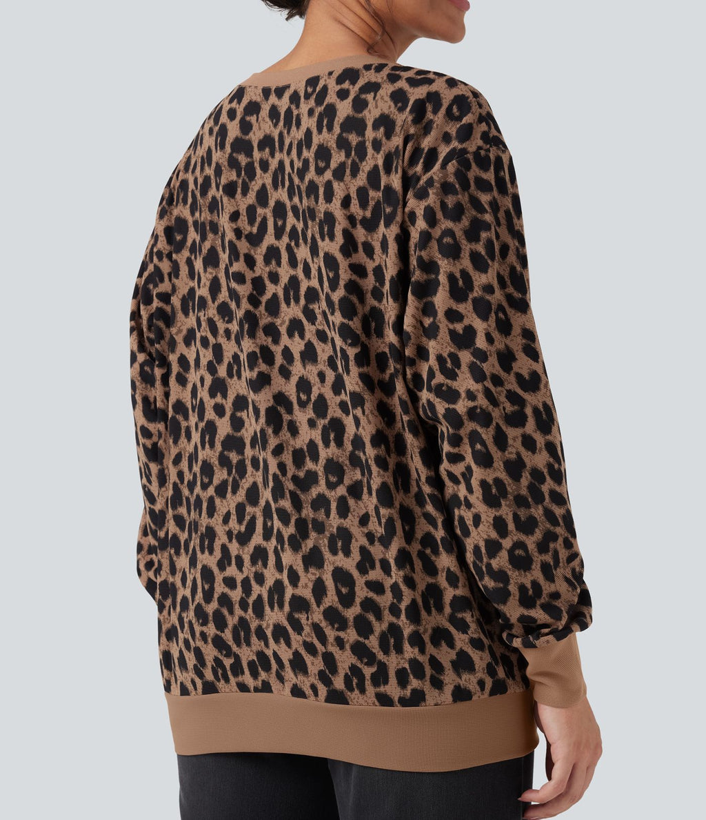 Sweat décontracté oversized col rond manches longues maille gaufrée léopard avec poches