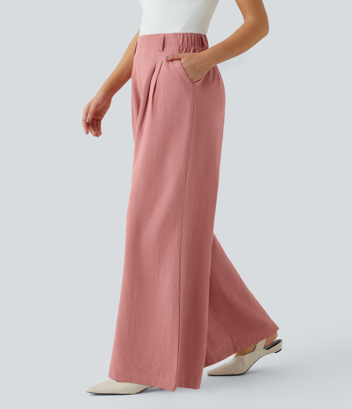 Pantalon Fluide Large Taille Haute Poches Latérales Palazzo Solide Casual Linen-Feel