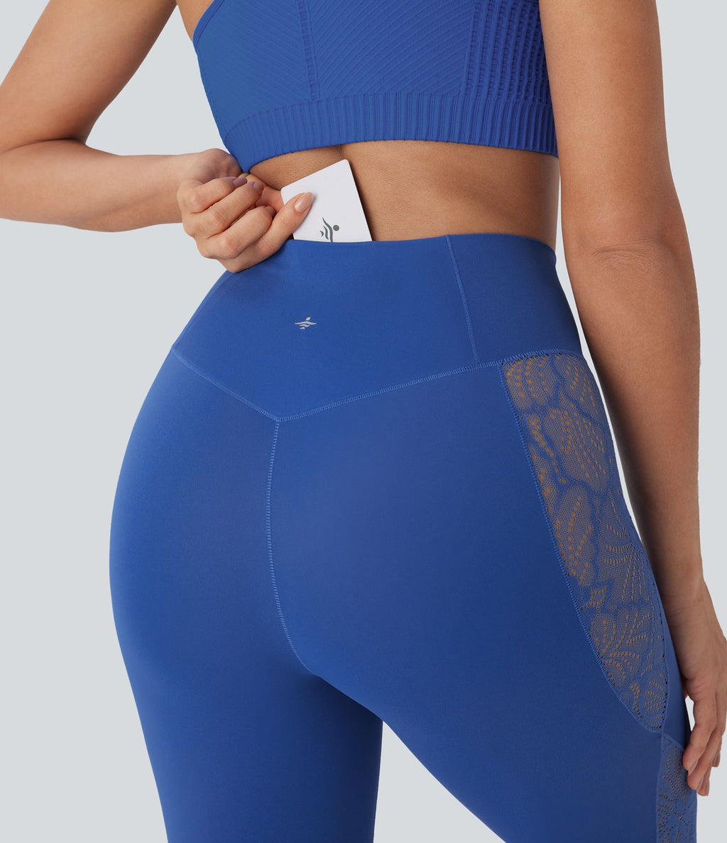 Softlyzero™ Legging Yoga 7/8 Taille Haute avec Poche au Dos Découpe Croisée et Dentelle Contrastante