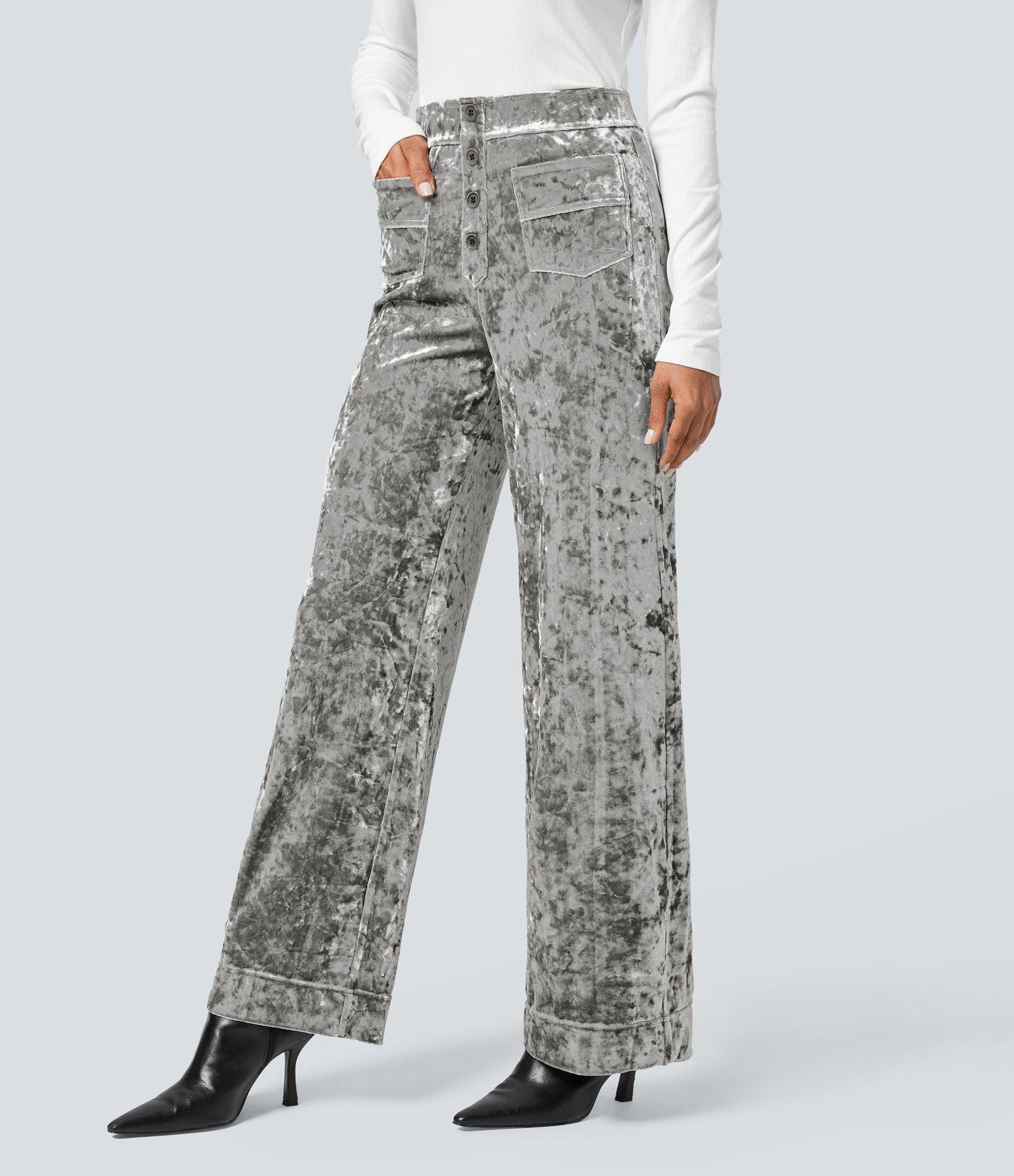 Pantalon Casual en Velours Taille Haute avec Bouton Multipoches Droites