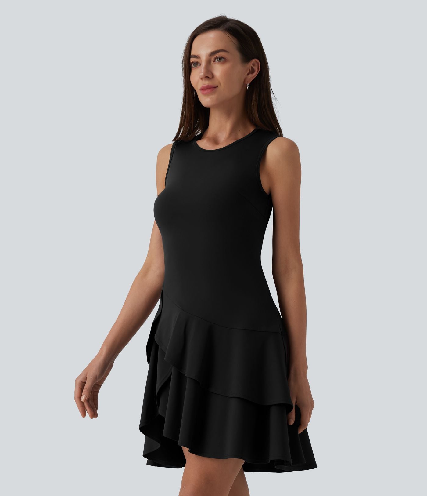 Robe mini décontractée SoftlyZero™ Airy col rond sans manches à volants superposés effet frais InstantCool