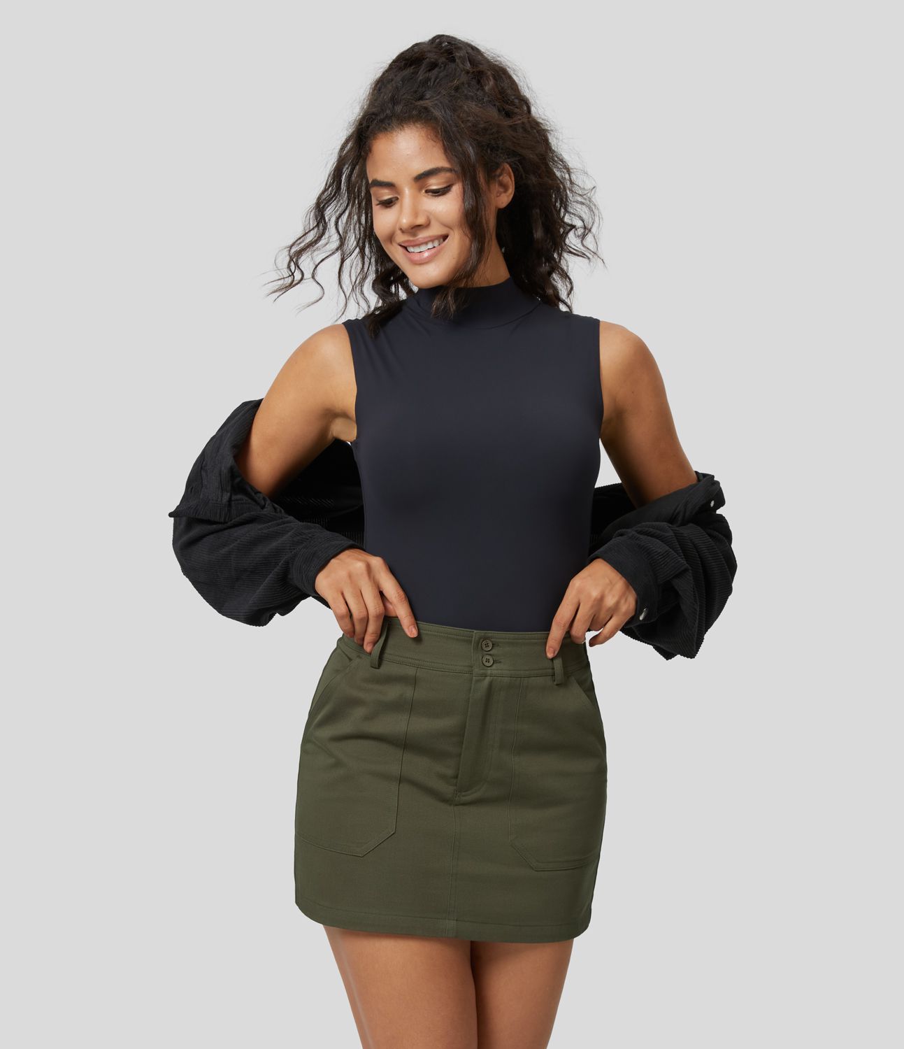 Jupe Cargo en Coton Casual Mini Droite à Taille Haute avec Multiples Poches