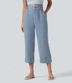 Pantalon 7/8 décontracté aspect lin à carreaux taille haute avec poches