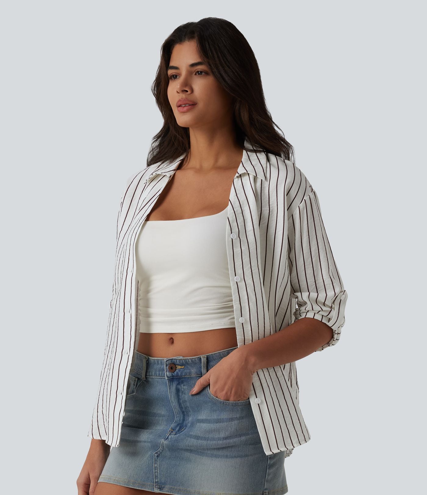 Chemise casual à rayures aspect lin col V manches longues retroussables et ourlet arrondi