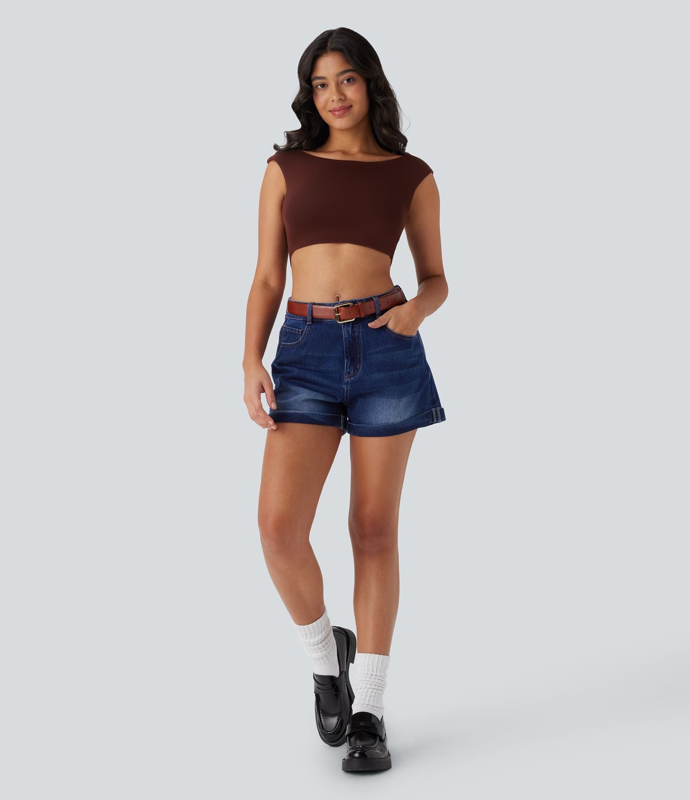 Short 7,5 cm décontracté en jean extensible Halara Flex™ taille moyenne avec boutons, zip et multiples poches