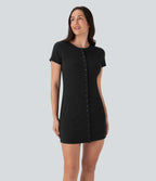 Robe décontractée mini en maille côtelée à col rond et boutons