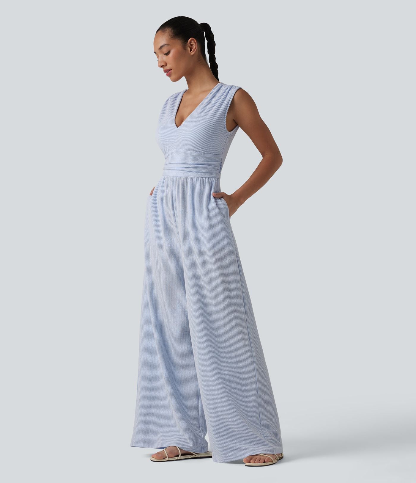 Combinaison sans manches col V à rayures avec brassière intégrée et poches – Édition Easy Peasy
