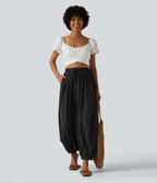 Pantalon ballon fluide resort taille haute effet lin avec cordon de serrage et poches