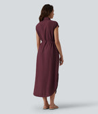 Robe chemise casual mi-longue col manches courtes ceinturée ourlet arrondi avec fente et poches
