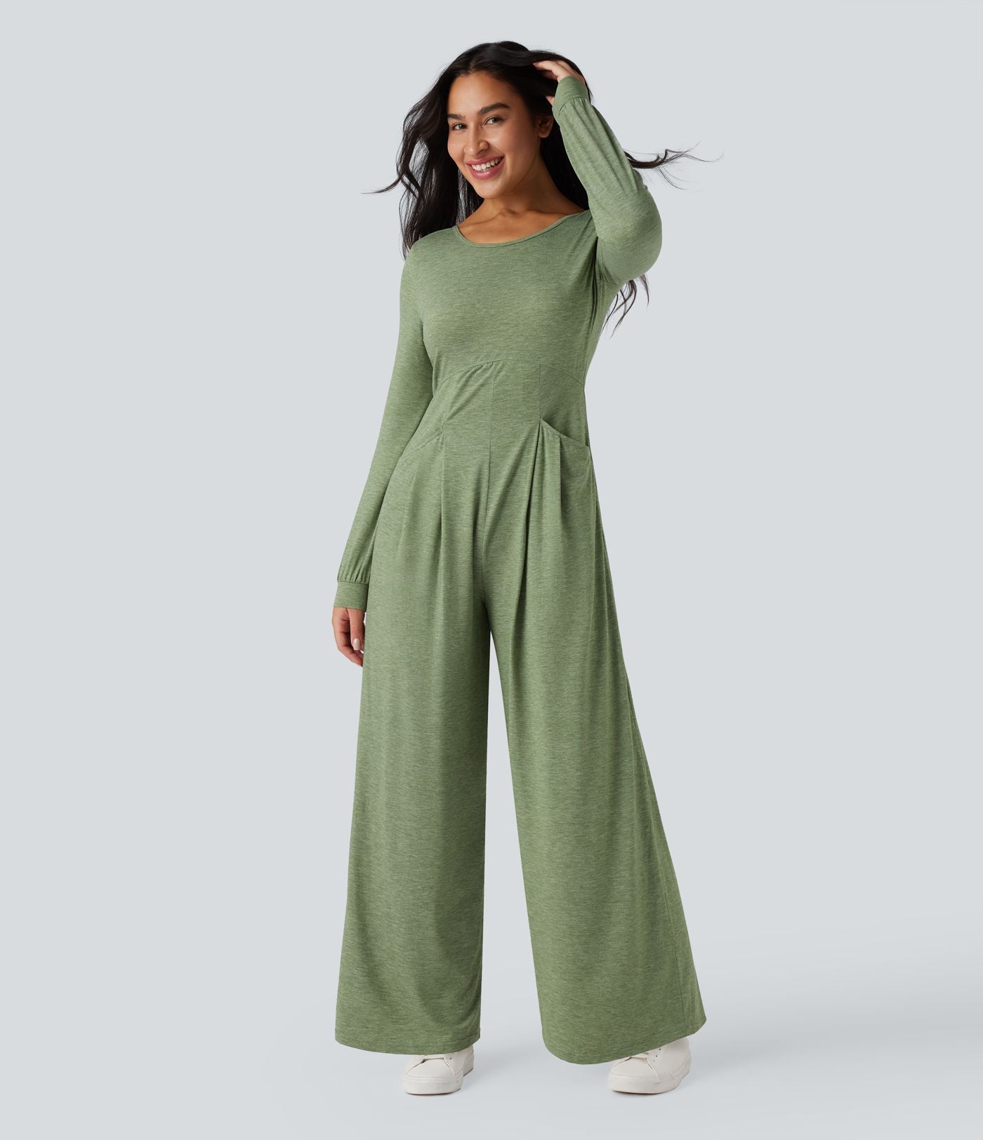 Combinaison-pantalon ample décontractée dos nu col rond à manches longues avec poches