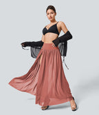 Jupe Casual Taille Haute Maxi Fluide Mesh Fente Plissée 2 en 1