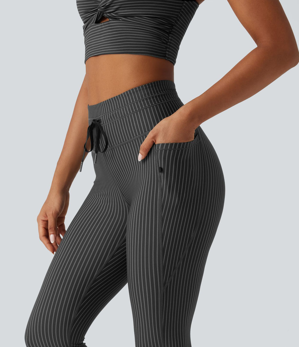 Legging de yoga rayé taille haute avec cordon de serrage et poches