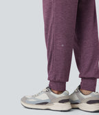 Jogging taille haute froncé chiné avec poches