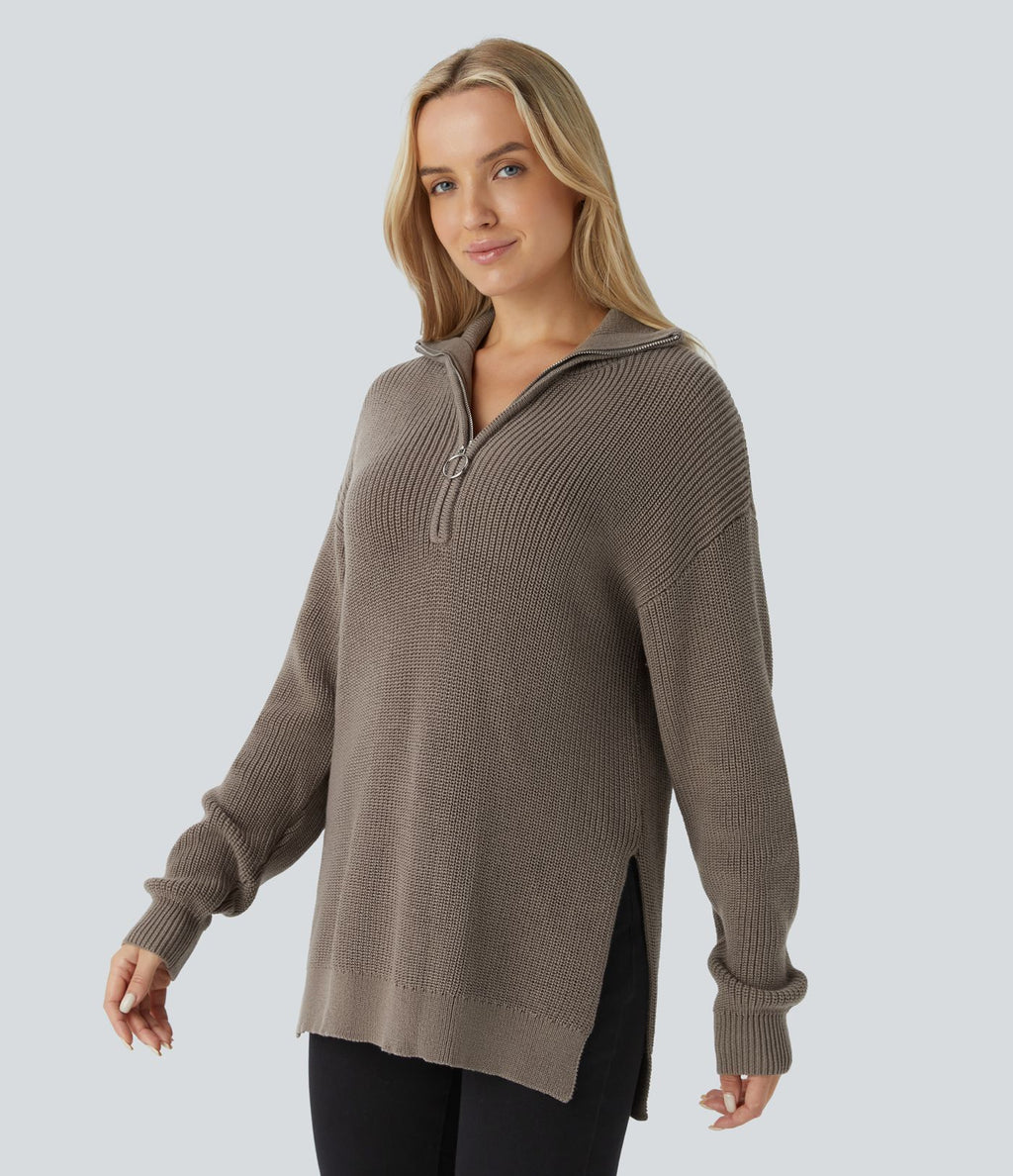 Pull décontracté à col montant, demi-fermeture éclair, manches longues et fente