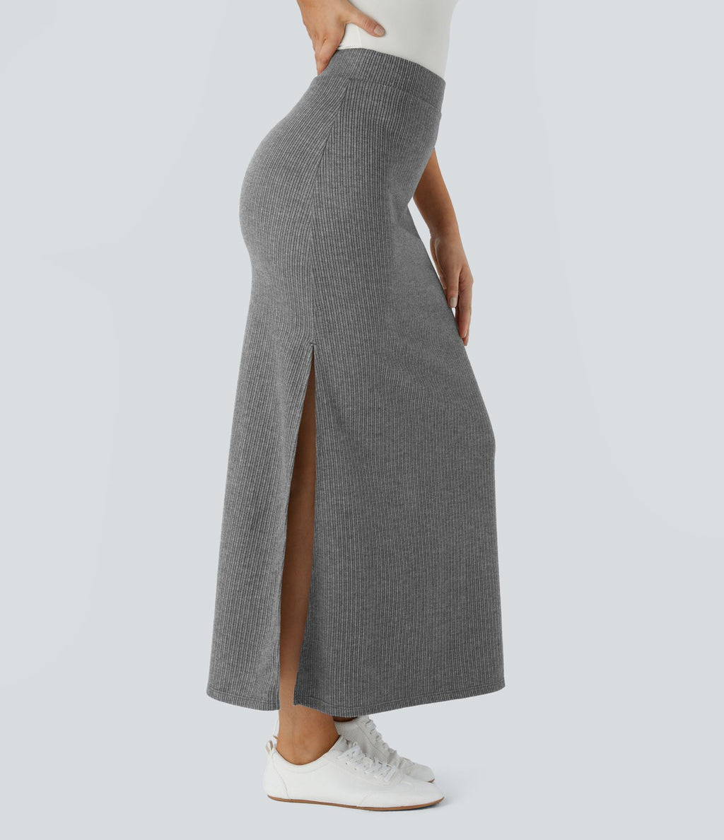 Jupe Casual Maxi à Taille Haute et Ourlet Fendu en A-Line en Côtes