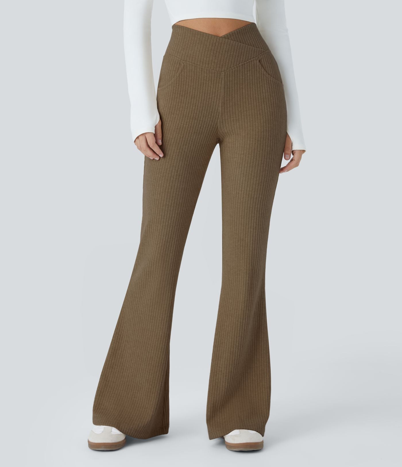 Pantalon Taille Haute Casual Évasés en Tricot Côtelé avec Poches Latérales et Croisé