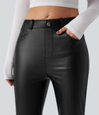 Pantalon simili cuir décontracté fuselé 7/8 taille mi-haute polaire extensible avec poches