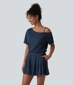 Combishort casual asymétrique manches courtes plissé en nid d'abeille avec poches - Édition Easy Peasy