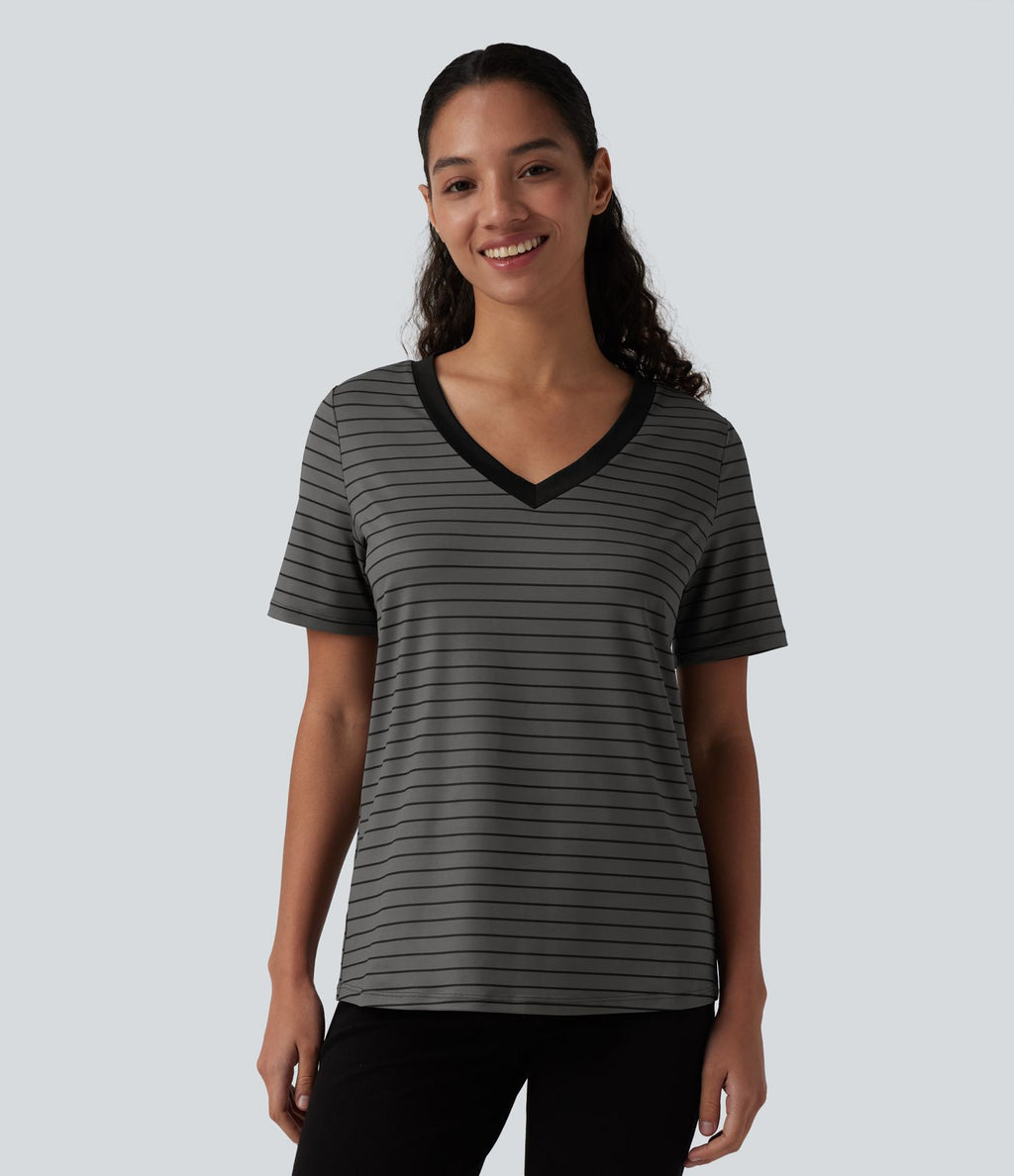 T-shirt décontracté col V manches courtes rayé