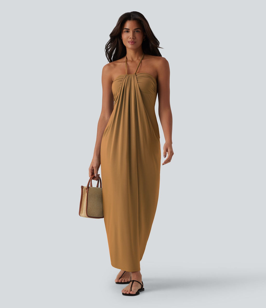 Robe longue dos nu col licou avec nœud et poches