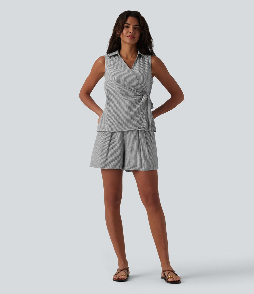 Short casual large aspect lin taille haute avec poches