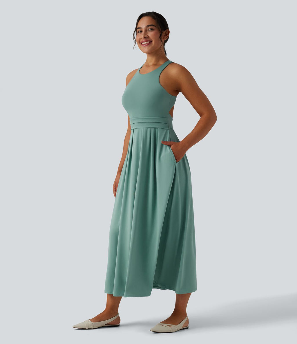 Robe midi décontractée col rond dos nageur avec poches