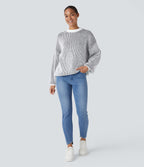 Pull col rond motif rayé bicolore à manches longues